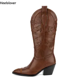 Heelslover Western Women Kış Orta Buzağı Botları Blok Topuklu Ayak Ayak Parçası Güzel Kahverengi Parti Ayakkabıları Bayanlar Boy Boyut 5-13