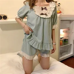 Kvinnors sömnkläder söta spets sömntoppar och shorts set för kvinnor sommar söt ruffle prinsessan lolita kawaii flickor casual pyjamas