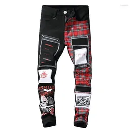 Men's Jeans Fashion Streetwear Men Slim Fit 3D Skull Printed Red Plaid Patchwork Ripped Casual Pants Naom22