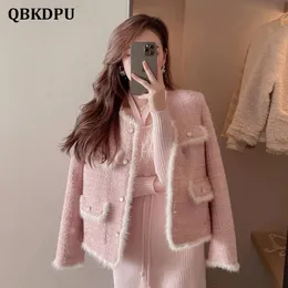 Jackets femininas jaquetas coreanas de tweed de peles rosa coreano Mulheres elegantes luxo deisgn redond round casaco curto de manga longa vintage choqueta mujer 230131