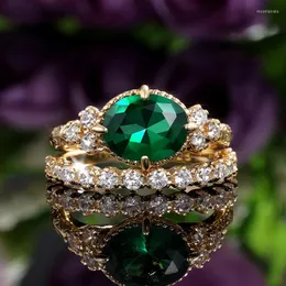 Anillos de boda Vintage femenino cristal verde anillo de piedra conjunto encanto color oro para mujeres lujo novia oval circón compromiso