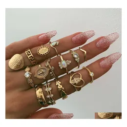 Anelli a fascia Gioielli di moda Knuckle Ring Set Croce d'oro Cuore Fatimas Palm Impilabile Midi Set 15 pezzi / set Drop Delivery Dh3Et