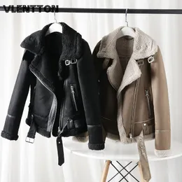 Womens Leather Faux Winter Women Thick Warm Vintage Suede Lambswool Biker Jackets Coat Chic Sashes Casual Loose Outwear Tops Female 230131