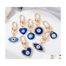 Schlüsselanhänger Modeschmuck Emaille Evil Eye Anhänger Ring für Mann Frau Geometrische Strass Herz Wimpern Blaue Augen Schlüsselanhänger Drop Del Dhcag