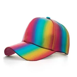 Ball Caps HanXi New Laser Rainbow PU Baseball Cap for Women Men Summer Fashion Sun Hat Visor Cool Adult Hip Hop Caps G230201