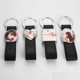 Keychains Lanyards Diy Leather Sublimation Blank Thermal Transter Square Round Oval Heart Keychain Po Frame Keyring Sier Plated Ca Dhvgc