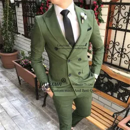 남자 양복 블레이저 더블 가슴 슬림 핏 남자 2 조각 재킷 바지 세트 군대 녹색 웨딩 신랑 턱시도 무도 2023 Man Fashion Blaz