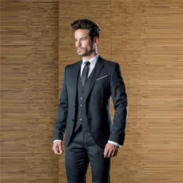 Men's Suits Charcoal Custom Mens Wedding Suit Peaked Lapel Slim Fit Grooms Tuxedo Three Pieces Business (Jacket Pants Vest)