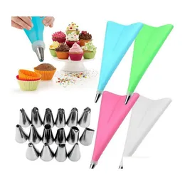 Baking Pastry Tools 18Pcs/Set Sile Bag Tips Kitchen Cake Diy Icing Pi Cream Decorating Reusable Bagsadd16 Nozzle Set Drop Delivery Dhwac