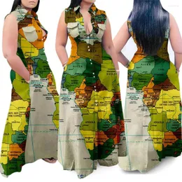 الفساتين غير الرسمية أخضر كبير الحجم 5xl خريطة المرأة الطباعة بلا أكمام قميص الطاشية الطاشية طويلة فستان v-رقبة التنانير الأرجوحة كبيرة