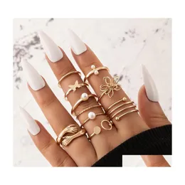 Band Rings Fashion Jewelry Knuckle Ring Set Threensional Hollowout Flower Pearl Hug Butterfly Geometric Opening 8Pcs/Set Drop Deliver Dhug7