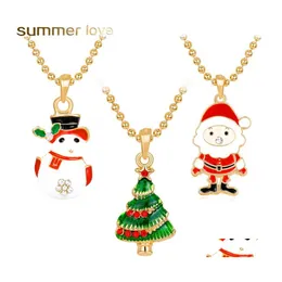 Pendant Necklaces Christmas Necklace Tree Rhinestone Enamel For Women Kids White Snowman Santa Claus Charms Gold Color Gift Drop Del Otazg