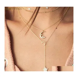 Pendant Necklaces Vintage Crystal Moon Star Necklace For Women Beaded Mtilayer Gold Color Bohemian Party Wedding Jewelry Drop Delive Otfjc