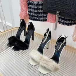 10cm 여성 샌들 슬림 하이힐 공식 신발 패션 샌들 밍크 모피 진짜 가죽 밑창 하이힐 신발 여성 공장 신발