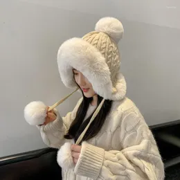 Berets 2023 Woman Earflap Hat Winter Ushanka Russian Fur Warm Windproof Knitted Thicken Snow Skiing Ears Fashion Female Cap 111