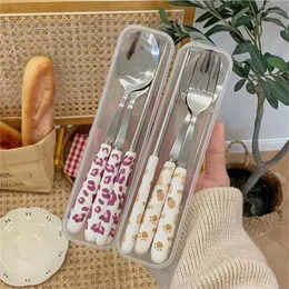 Dinnerware Sets Ins Stainless Steel Tableware Portable Cutlery Set Cute Cartoon Chopsticks Spoon Fork With Ceramic Handle Student