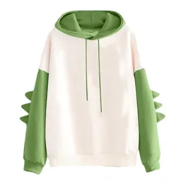 Kvinnors jackor dinosaurie hoodie kvinnor överdimensionerad tecknad modesweatshirt casual tryck färgblock förtjockar vinter dino topps 230131