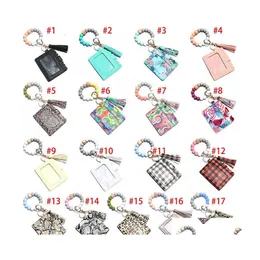 Party Favor Keychain Arile Sile Wallet Bead Key Ring With Card Holder Wristlet Car Beaded Bangle Leather Tassel For Women Girls E OT7BP