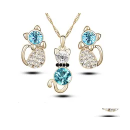 귀걸이 목걸이 패션 고양이 Crystal Jewelry Set 고품질 귀 세트 6 색 최소 주문 1832 T2 드롭 배달 DH9GQ