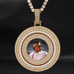 Custom Made Crown Photo Medallions Spinning Pendant Necklace 3mm 24inch Rope Chain Gold Silver Color Iced Out Cubic Zircon Men Hip hop Jewelry Gift