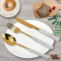 Servis uppsättningar Deouny Luxury Diamond Table Provise 304 Rostfritt stål Långhandtag Knife Fork Sked Western Cutsly dessert ons gåva