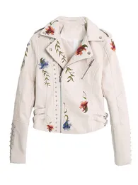 Feminino couro faux ftlzz feminino estampa floral bordado de jaqueta macia casaco de casaco de gola de tumulto casual PU motocicleta preto punk lojas 230131