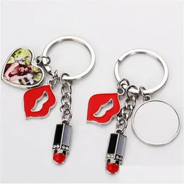Keychains Lanyards Diy Sublimation Blank Red Lip Lipstick Heart Round Alloy Sier Plated Designer Keychain For Woman Wallet Handbag Dhdme