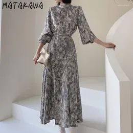 Повседневные платья Matakawa Print 2023 Spring Women Women высокая талия воротничка винтаж a-line vestidos de mujer корейский ретро-платье моды