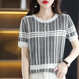 여성 T 셔츠 미세 모방 얇은 섹션 양모 스트라이프 단축 둥근 목 풀 오버 기질 니트 탑을위한 대형