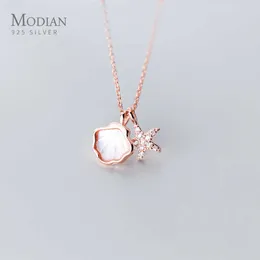 Pendanthalsband Modian Real 925 Sterling Silver Link Chain Necklace For Women Shiny Zircon Starfish Shell Pendant Necklace Fine Jewelry 2020 New G230202