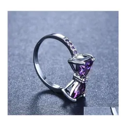 Band Rings Sier Color Color Purple Bow Ring For Women Cute Cutim Cubic Zirconia Jewelry Gift C3 Drop Delivery Dhynk