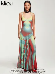 Abiti casual Kliou 3D Body Print Maxi Dress Donna Shiny Tie Dry Stunning Unneck Spaghetti Strap Robe Donna Bodyshaping Hipster Streetwear 230202