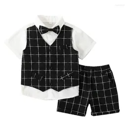 Completi di abbigliamento Gentleman Boys Clothes For 1-5 Years Summer Formal Kids Abito in cotone T-shirt patchwork scozzese bianca nera per bambini