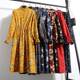 Casual klänningar vår sommar damer midi klänning kvinnlig blommig tryckt koreansk sundress 2023 långärmad retro corduroy a-line