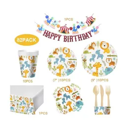 Party Decoration Happy Festival Decor Set Cartoon Children Disponable Paper Plate Cup Thandduk Tabell Knife Fork Spoon pl Flag Drop Dhukv