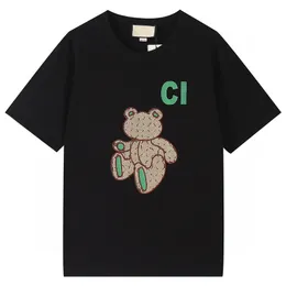 2023 novas camisetas primavera e verão impressão de remendo de urso verde masculina e feminina mesma camiseta de manga curta algodão solto gola redonda: preto, damasco: M.L.XL.XXL G