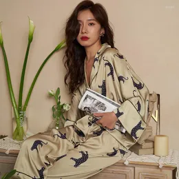 Women's Sleepwear Lisacmvpnel Leopard Print Bat Sleeve Ice Silk Women's Pajamas Simple And Natural Thin Sation Pijama