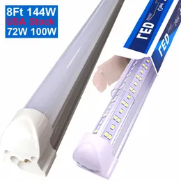 8ft V Form Tube LED -butik Ljus 72W 7200lm 6500K Cool White Triple Sided High Output Clear Cover T8 Integrated Lights Garage 8 Foot With Plug Warehouse Workshops Oemled