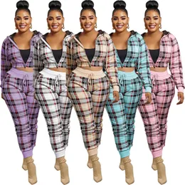 Designer New 2023 Womens Tracksuits Plaid Zipper Hooded Coat Pants Fashion Casual Sports Two-piece Set 5 Colours