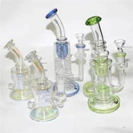 3 Designs Glass Bong Metallic Color Tinted Green Bule Glass Vatten Rör Dab Rigs Recycler Oil Bubbler till salu