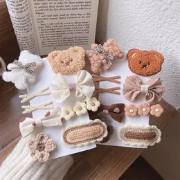 Hair Accessories Cute Bear Clips Cloth Hairpins Baby Girl Toddler Bowknot Knitted Clip Autumn Winter Pins Kids