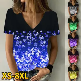 T-shirt da donna 2023 Camicia da donna con pittura a fiori di moda Estate Donna Stampa floreale con scollo a V Top di base Casual Plu Szie 3D