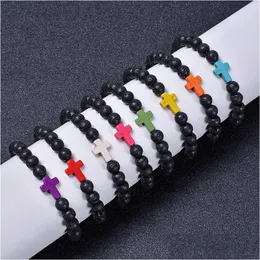 Kaliwowe 8 mm czarne lawowe koraliki kamienne Kolorfy Krzyż Charms Elastic Strand Branslet Bransoletka dla kobiet mężczyzn Biżuteria Downis