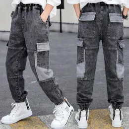 Jeans tryckt bukett fotbyxor barn joggare last pojkar fickor casual techwear barn overall byxor sweatpantsjeans