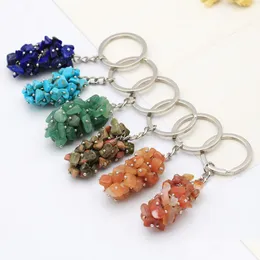 Nyckelringar druvstil Gemstone Keychain Crystal Quartz Chips Stone King Sier Plated Healing Point Women Jewelry Drop Delivery Dhksu