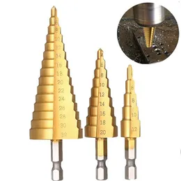 Professionella borrbitar 4Size HSS Titanium Coated Step Bit Drilling Power Tools for Metal High Speed ​​Steel Wood Hole Cutter Cone