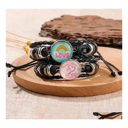 Other Bracelets Breast Cancer Awareness Hope Bracelet For Women Pink Ribbon Charm Braided Leather Rope Wrap Bangle Fashion Handmade Otjnm