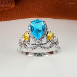 Wedding Rings Luxury Light Blue Water Drop Zircon Stone Ring Female Crown Vintage Silver Color Engagement For Women