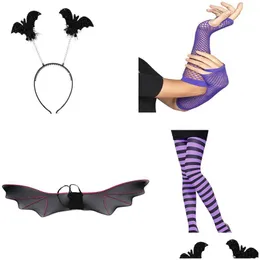 Partybevorzugung Schwarze Seidenstrümpfe Halloween Lila Fischernetz Handschuhe Overalls Kopfschnalle Fledermausflügel Anzug 22 5 L1 Drop Lieferung nach Hause Dhupd