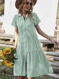 Günlük Elbiseler Bayanlar Vintage Boho Yaz Elbise Kadınlar Midi Gevşek Tatil Ekose Beach Shirt Sundress Kadın Cobe Vestidos